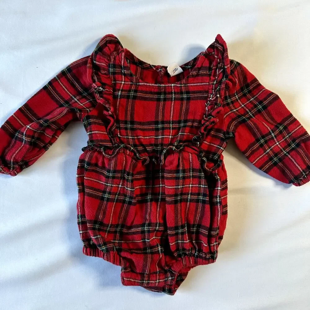 Old Navy Long-Sleeve Ruffle-Trim Plaid One-Piece Romper Sz 6-12 mo